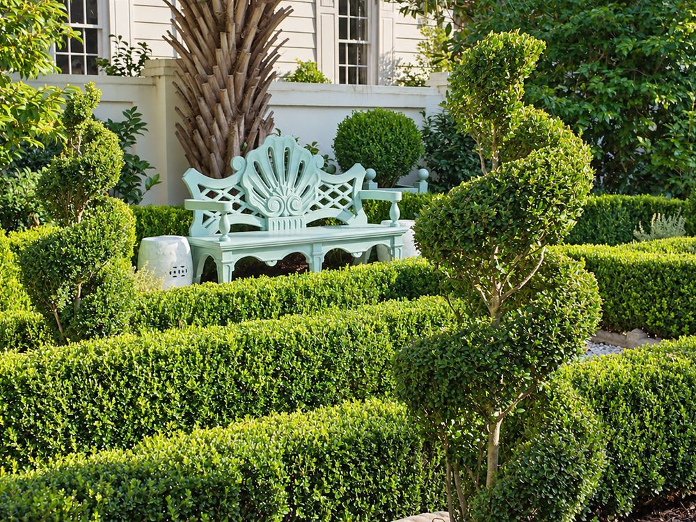 Garden with spiral topiaries in Charleston - photo by Irina Bordyn